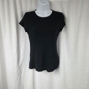 Gap Shirt Womens Small Black Ribbed Lettuce Hem Ruffle Short Sleeve Tee Top
